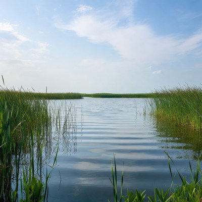 Calm lake surrounded by reeds