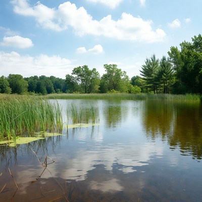 Serene Lake with Reeds and Trees