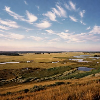Vast Grassland Wetland Landscape Under Blue Sky