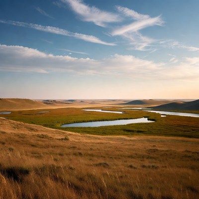 Golden Grasslands with Winding Rivers