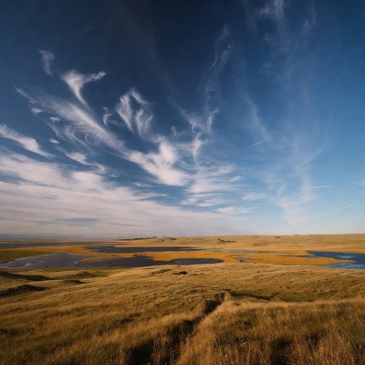 Golden Grasslands with Ponds and Cirrus Sky