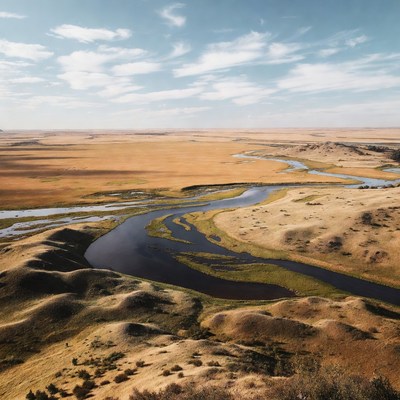 Winding River in Golden Grassland