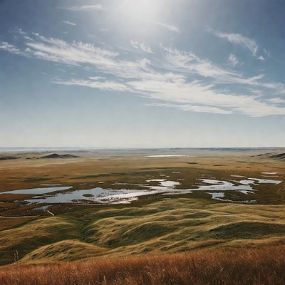 Vast Grassland with Ponds and Sun