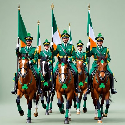 Irish Guardsmen on Horses with Flags