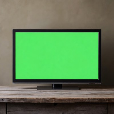 TV with Green Screen on Wooden Table