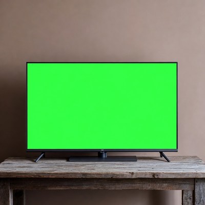 TV with Green Screen on Wooden Table