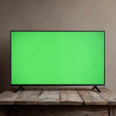 TV with Green Screen on Wooden Table