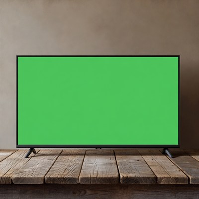 TV with Green Screen on Wooden Table