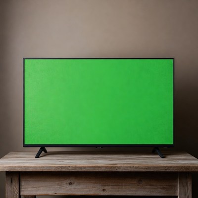 TV with Green Screen on Wooden Table