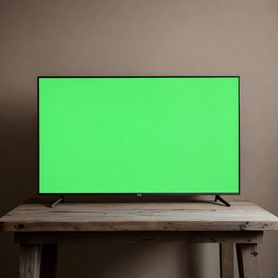 TV with Green Screen on Wooden Table