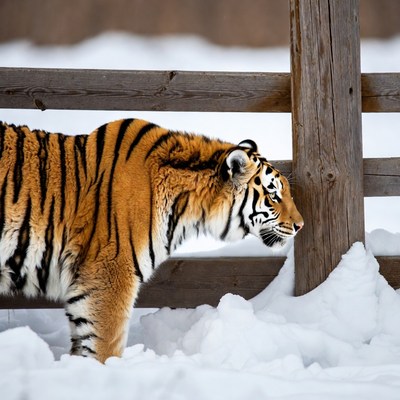 Tiger standing by wooden fence in snow