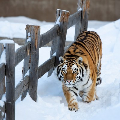 Tiger walking in snowy enclosure