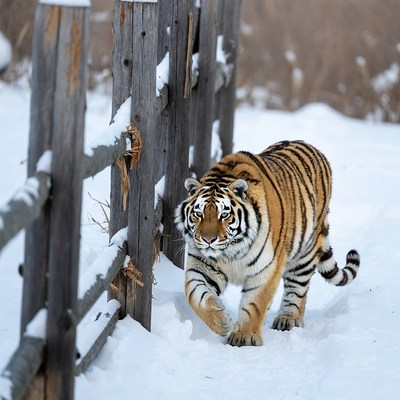 Tiger walking by snowy wooden fence