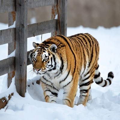 Tiger peering through wooden fence in snow
