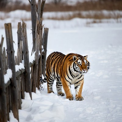 Tiger walking near snowy wooden fence