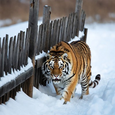 Tiger prowling by snowy wooden fence