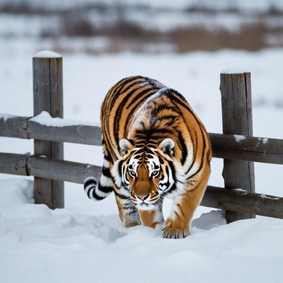 Tiger walking in snowy field