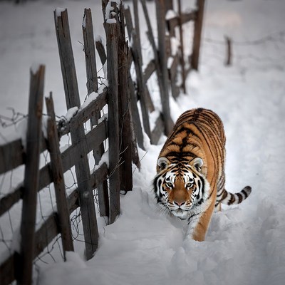 Tiger walking by snowy wooden fence