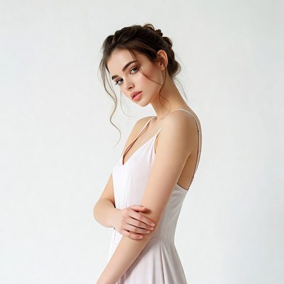 Woman in white slip dress profile view