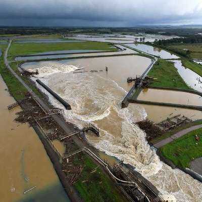Flooded rice paddies with overflowing water