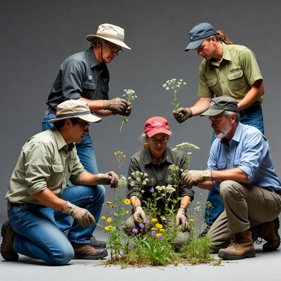 Group planting wildflowers outdoors