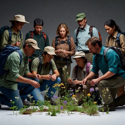 Diverse group examining wildflowers