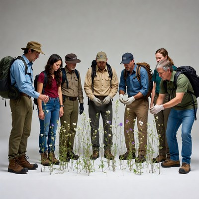 Group examining wildflowers outdoors