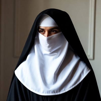 Nun in black habit with white veil