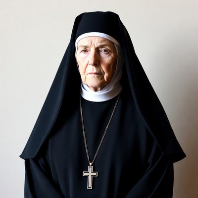 Elderly nun wearing habit and cross