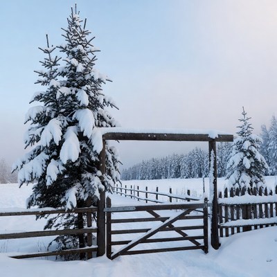 Snowy Wooden Gate with Pine Trees