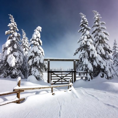 Snowy Wooden Gate in Pine Forest