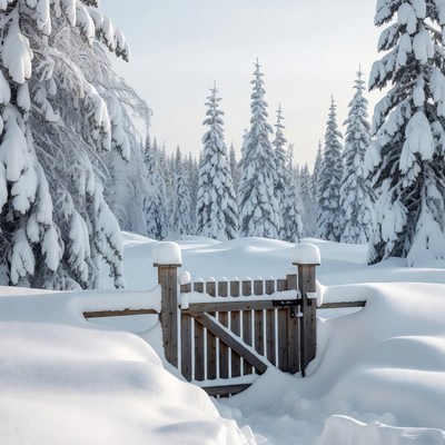 Snowy Wooden Gate in Forest
