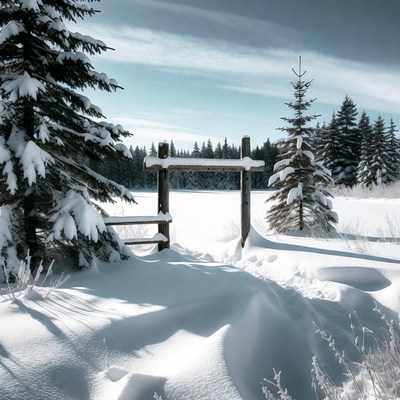 Snowy Wooden Gate in Winter Forest