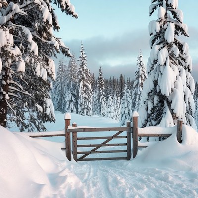 Snowy Wooden Gate in Forest