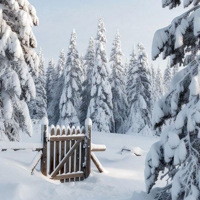 Snowy Wooden Gate in Forest