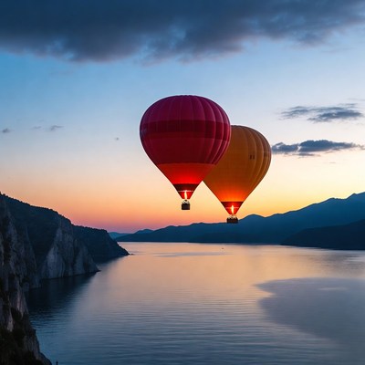 Red and Orange Hot Air Balloons over Lake