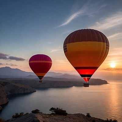 Hot Air Balloons over Coastal Sunset
