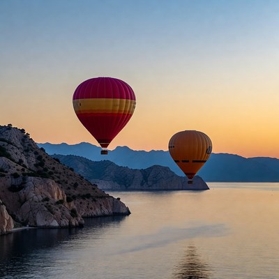 Hot air balloons over coastal mountains
