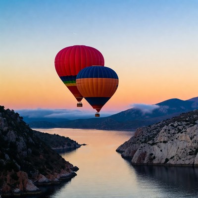 Red and Blue Hot Air Balloons over Lake