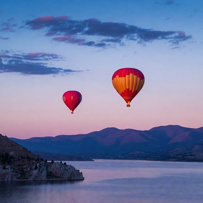 Red Hot Air Balloons over Lake