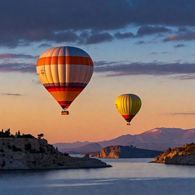 Hot Air Balloons over Lake Sunset