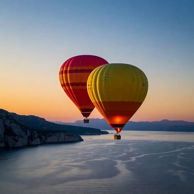 Red and Yellow Hot Air Balloons over Lake