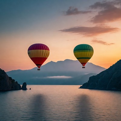 Hot air balloons over mountain lake