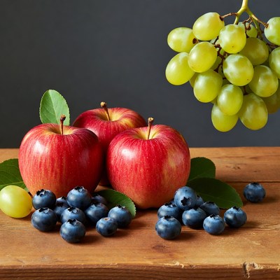 Red Apples Grapes Blueberries on Wooden Table