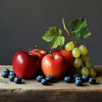 Red Apples Grapes Blueberries on Wood