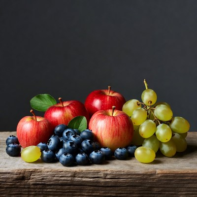 Red Apples Blueberries Grapes on Wood