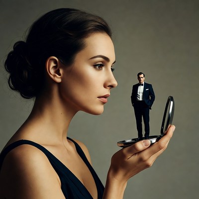 Woman holding tiny man in compact mirror