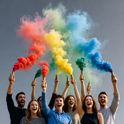 Group holding colorful smoke bombs
