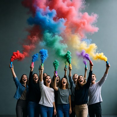 Group holding colorful smoke bombs