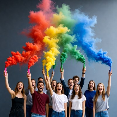 Group of young people holding colorful smoke bombs